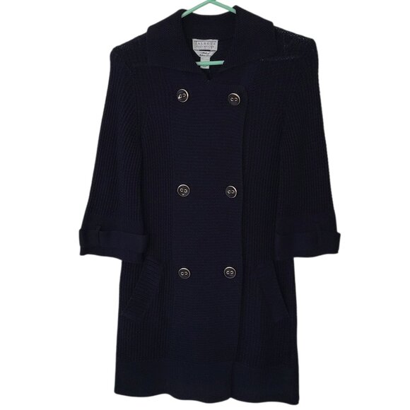 Talbots Navy Double Breasted Knit Coat Sweater Italian Yarn Pima Cotton Sz S - Picture 12 of 13